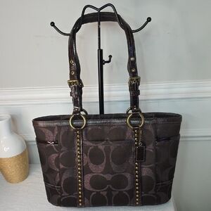 Coach Gallery Metallic Dark Chocolate Bronze Jacquard Signature Studded Tote Bag